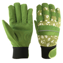 Ladies Heavy Duty Green Synthetic Leather Palm Reflective Article Buckle Flower Printed Home Garden Work Gloves